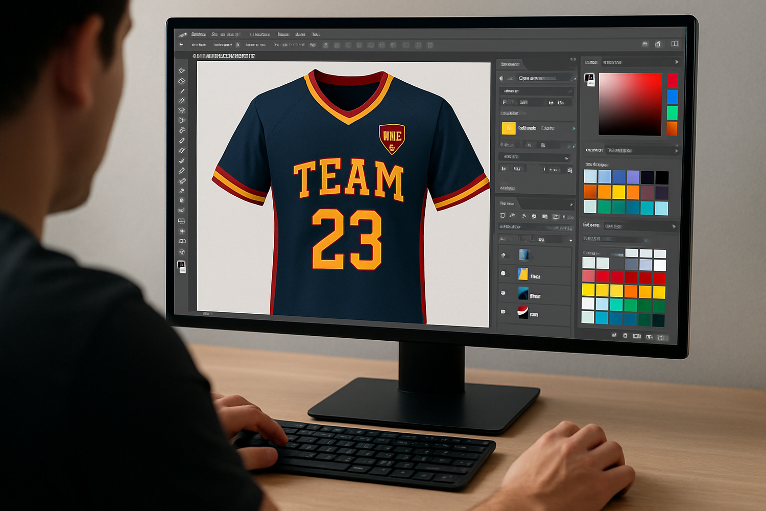 Create an image of a computer screen where a person is designing a sports team shirt on a design program
