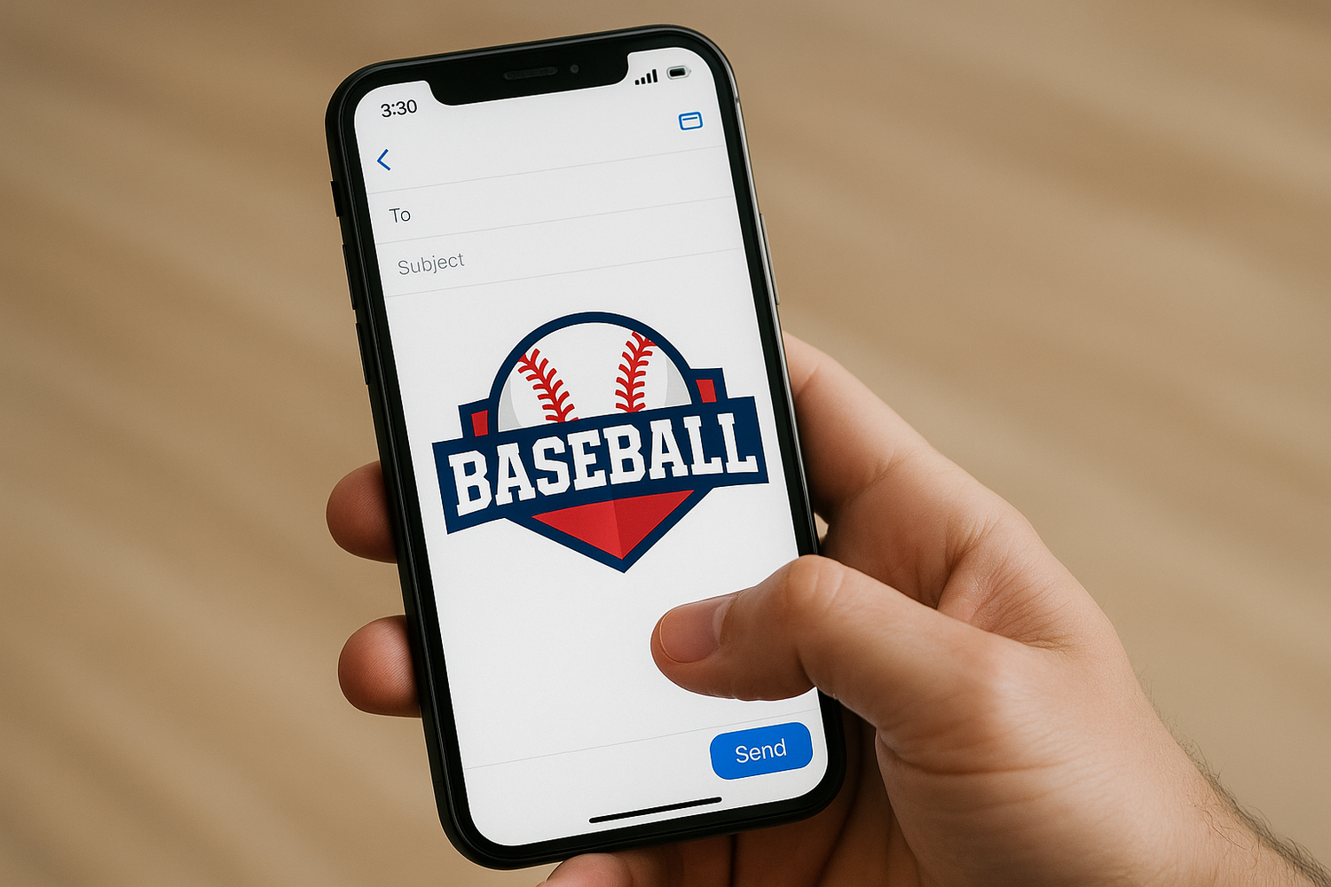 make it a picture of a person sending a Baseball Team Logo via email on a phone