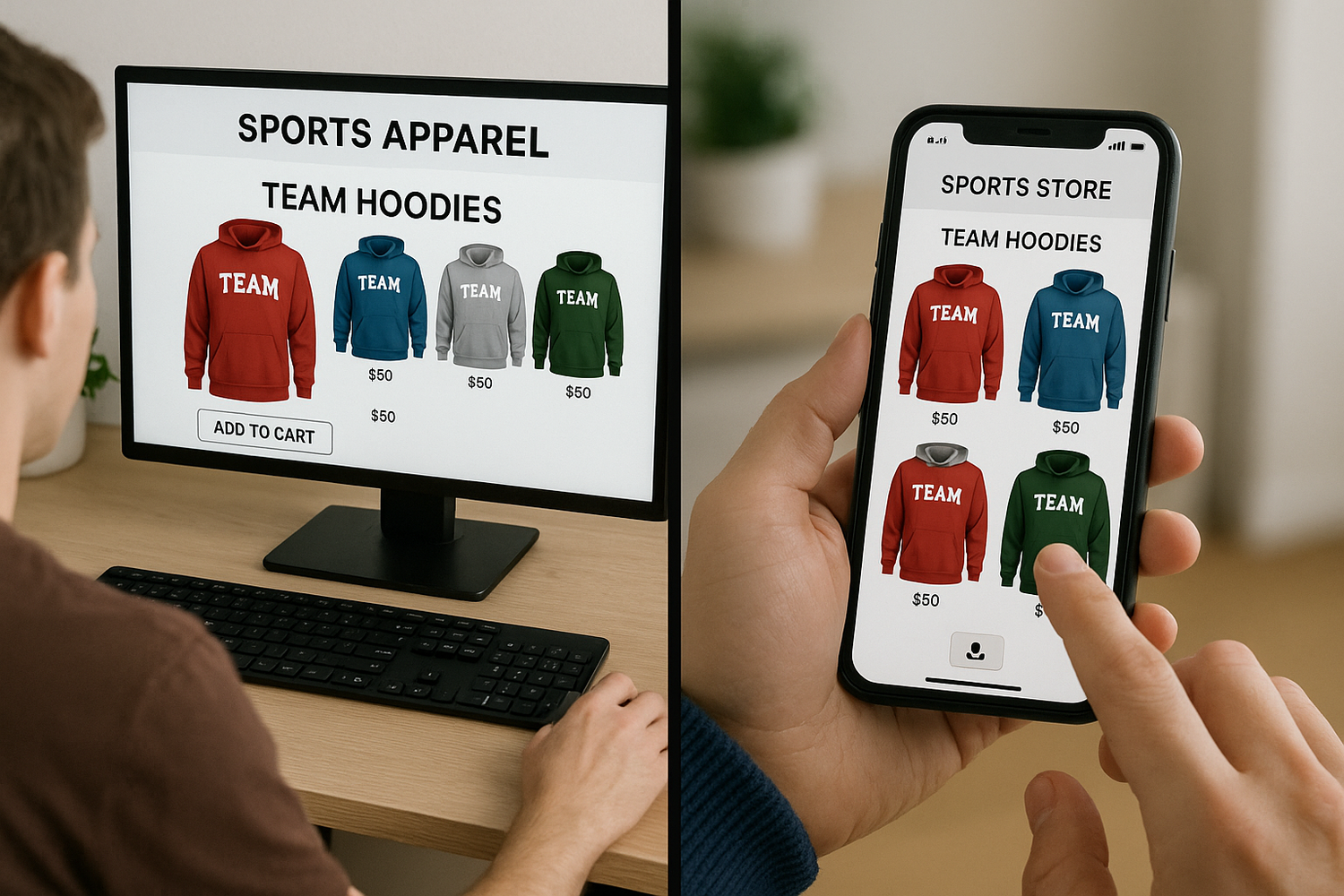 make it two different people ordering a team hoodie online. Have one ordering on a phone white the other is ordering on a mobile phone.